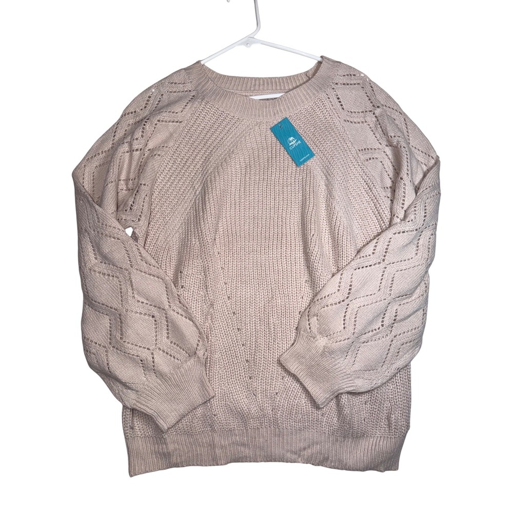 NWT‎ Cupshe Womens XL Beige  Pointelle Knit Crew Neck Sweater